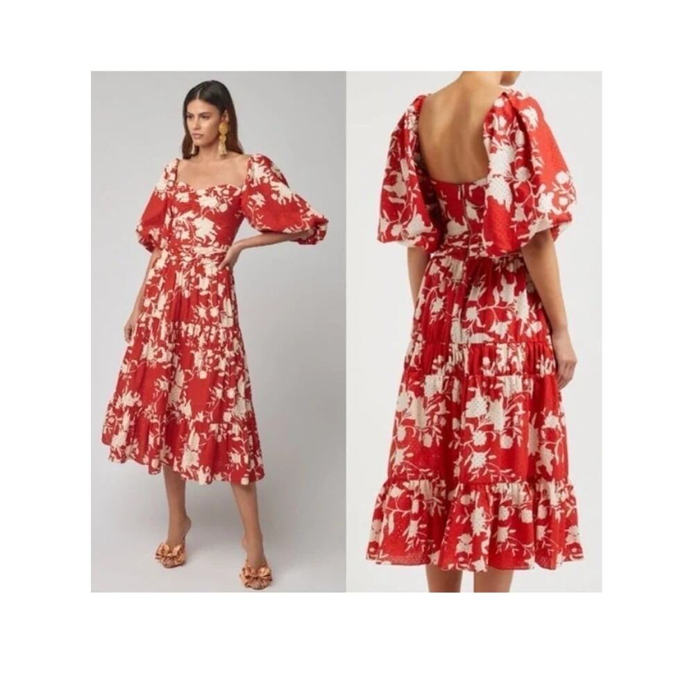 Johanna Ortiz Beautiful Chaos Dress Womens Size 0 Red Floral Tiered Midi